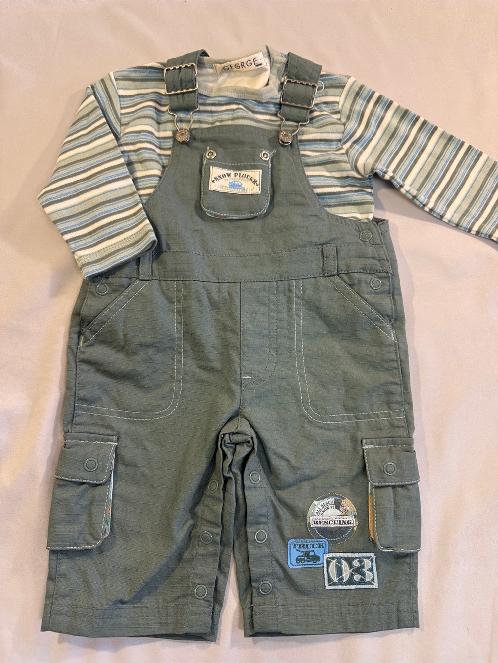 George NWOT Green Cargo Overalls with Striped Tee